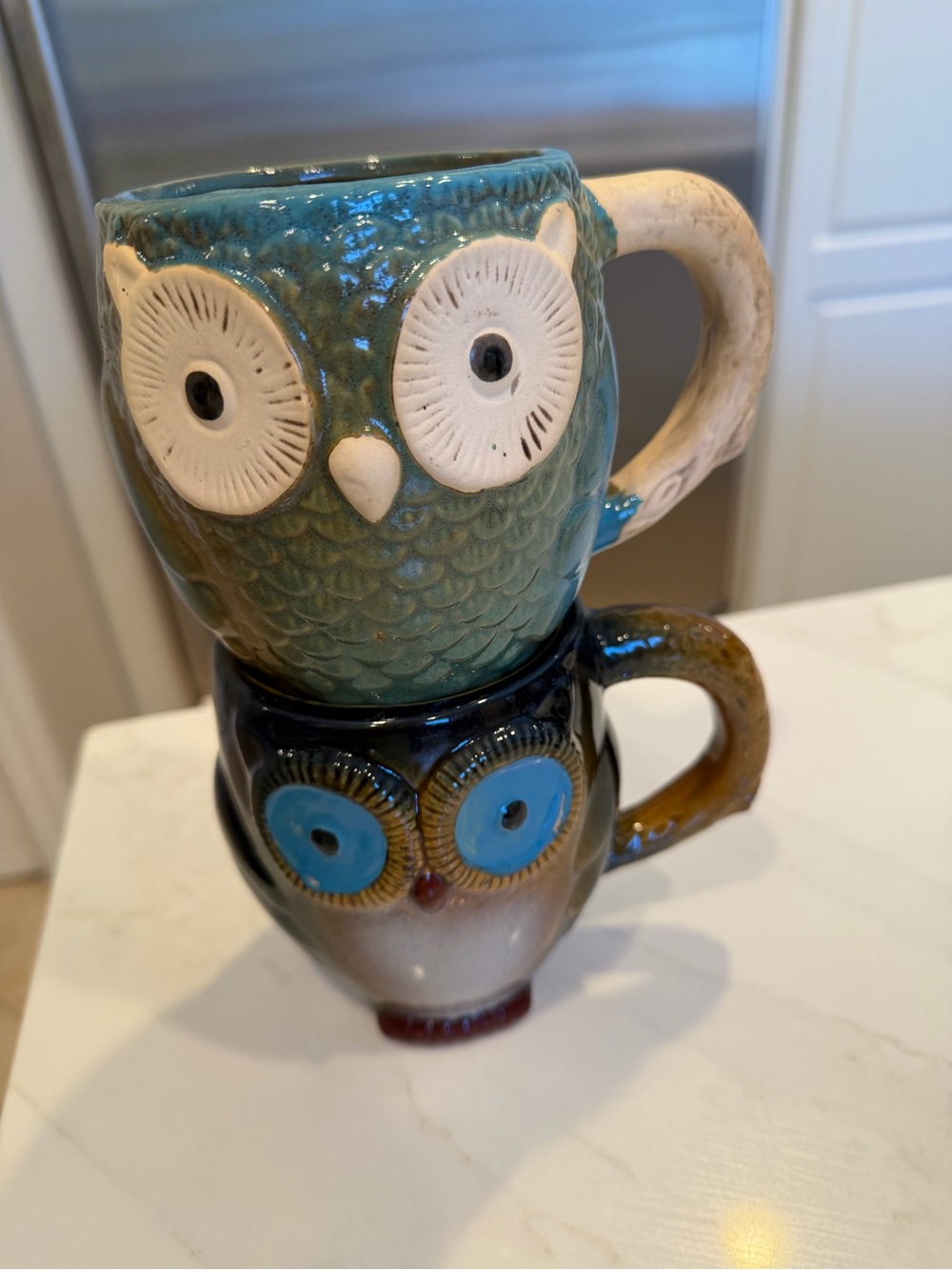 Gibson Set of 2 Ceramic Owl Mugs Green and Brown Owl Coffee Mugs NEW